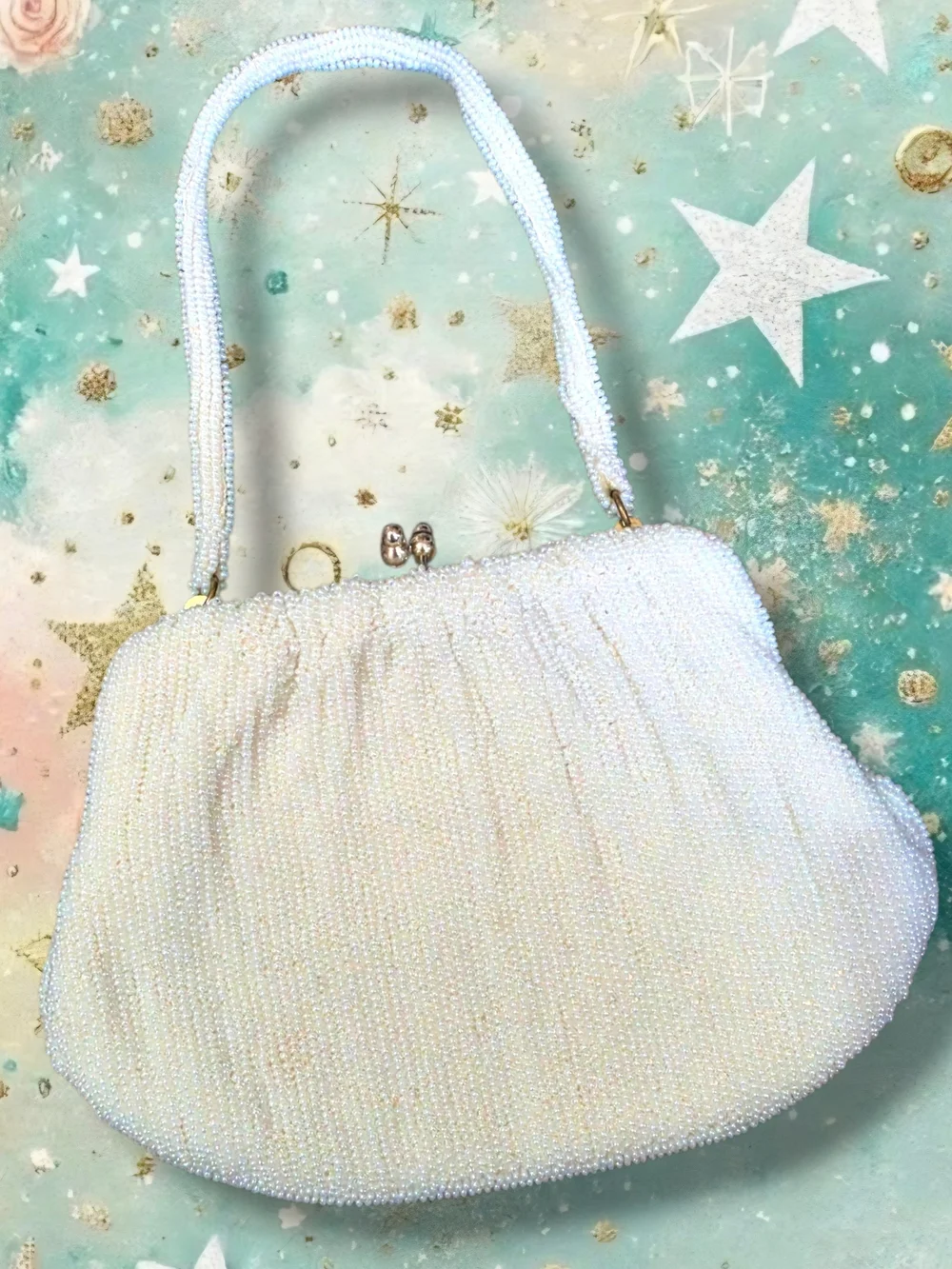 Ivory Beaded Evening Clutch with Pearl Handle